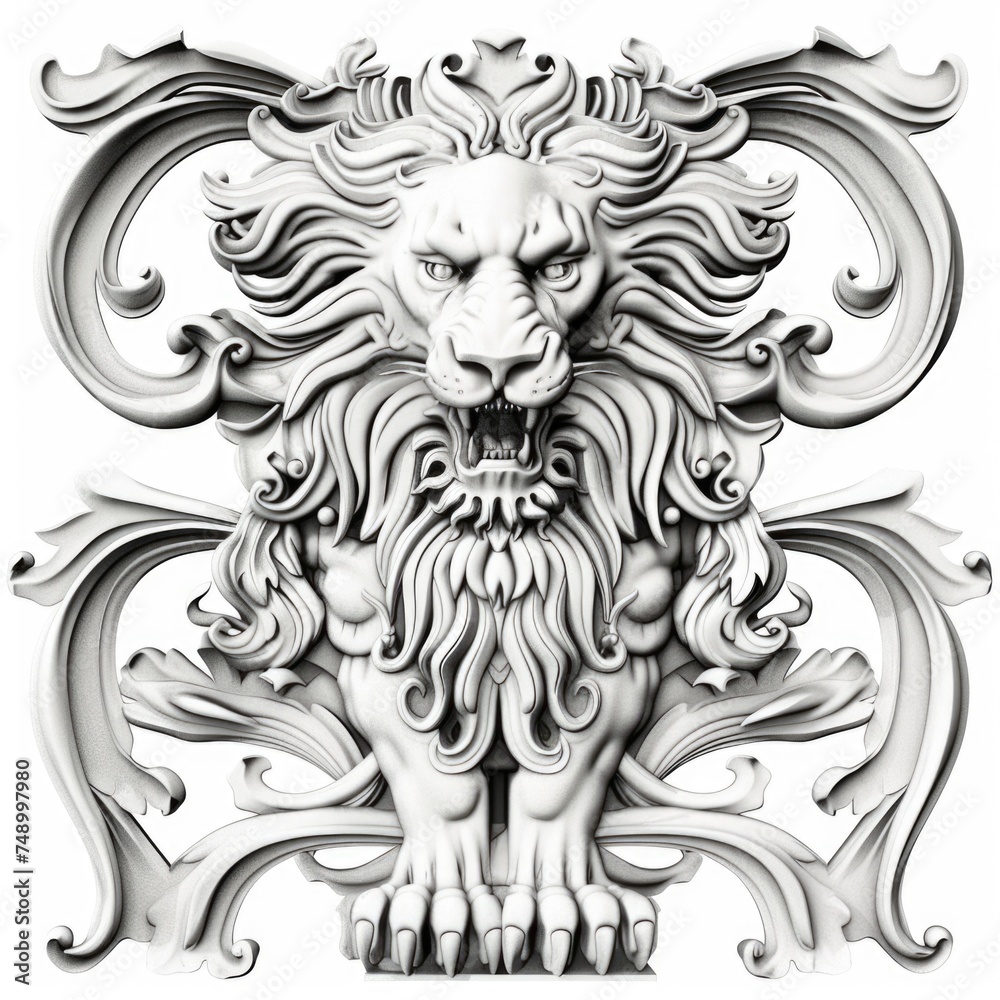 A black and white drawing of a lion, ornamental stylization with floral elements.