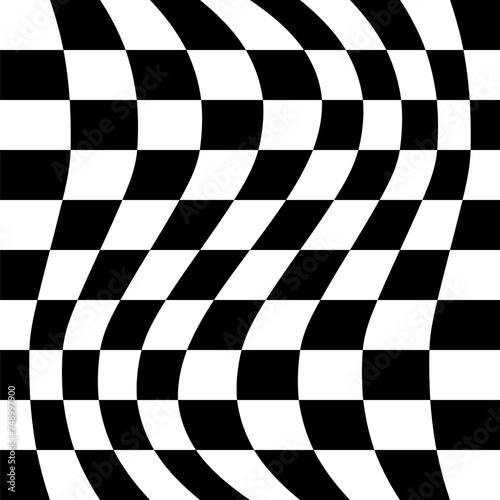 Black and white seamless checker pattern vector illustration. Wavy chess board. Abstract checkered checkerboard for game. Grid geometric square shape. Race flag. Retro mosaic floor