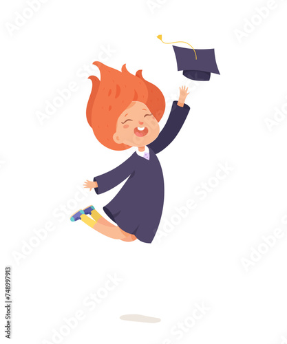 Kid graduate jumping high, cute child tossing mortarboard cap on graduation party