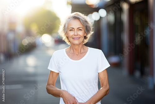 A street portrait of a white elderly smiling woman with gray hair, white teeth, and a blank white t-shirt on a blurred street background. Mock-up for design. Blank template.