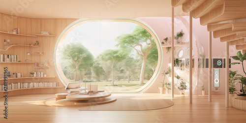 Futuristic home interior with large curved windows and natural materials in pastel colors