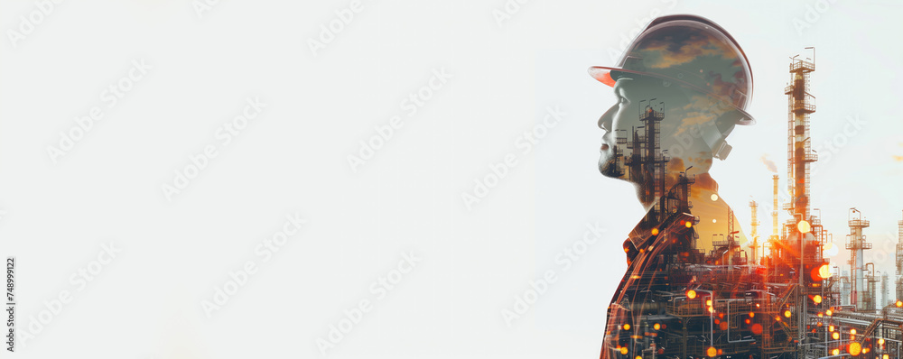 A contemplative silhouette of an engineer blends into an industrial landscape, depicting the fusion of human intellect and industrial progress. A contemplative silhouette of an engineer blends into an industrial landscape, depicting the fusion of human intellect and industrial progress.