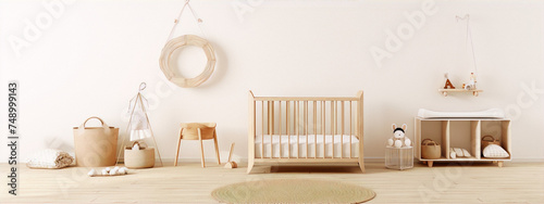 3D rendering of a minimalist nursery with a wooden crib, a changing table, a rug, and a few toys. The color scheme is neutral. photo