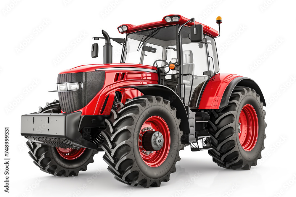 A modern red tractor isolated on white, showcasing agricultural machinery power and technology. A modern red tractor isolated on white, showcasing agricultural machinery power and technology.