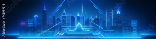Blue glowing 3D rendering of a futuristic cityscape with skyscrapers and a glowing platform in the foreground. photo