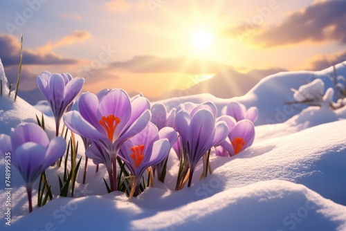 crocus in snow against the sun winter flowers © camelia