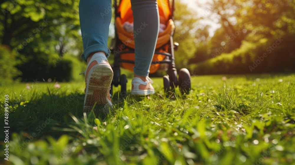 Close up of a young woman walks with a vivid stroller with a newborn baby in a sunny summer park - obrazy, fototapety, plakaty 