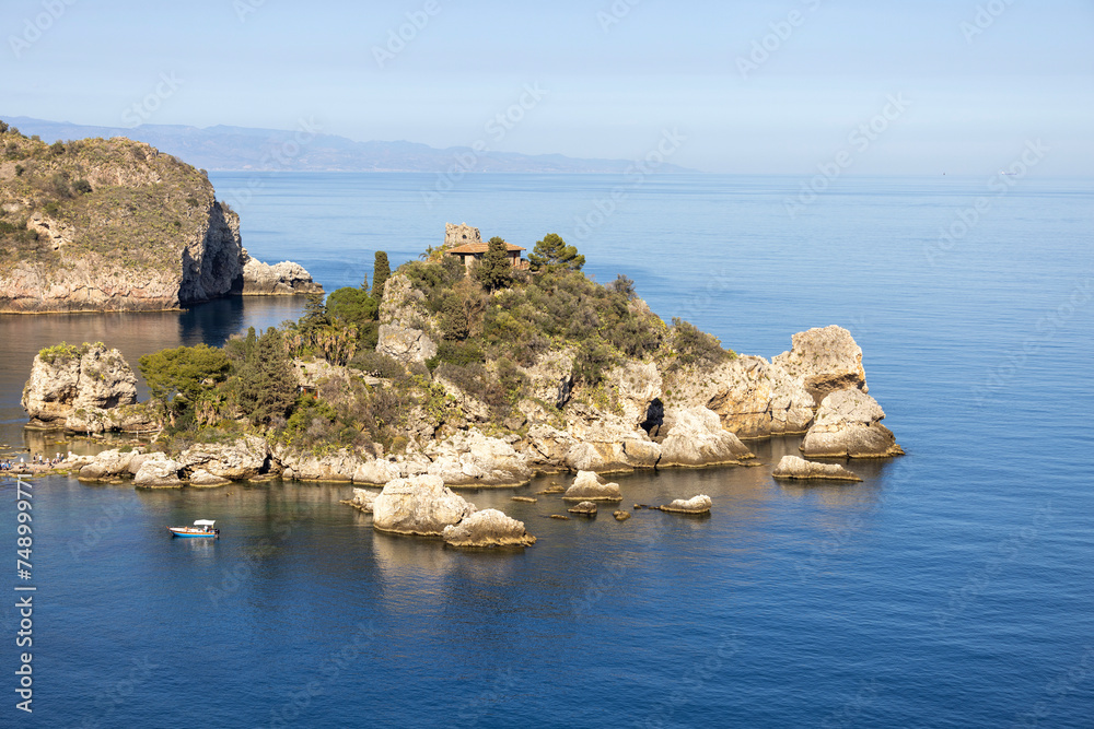 Beautiful view of the picturesque Isola Bella, small rocky island in the Ionian Sea, Taormina, Sicily, Italy