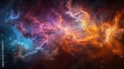 Vibrant nebula image with colorful gases, stars, and swirling structures.