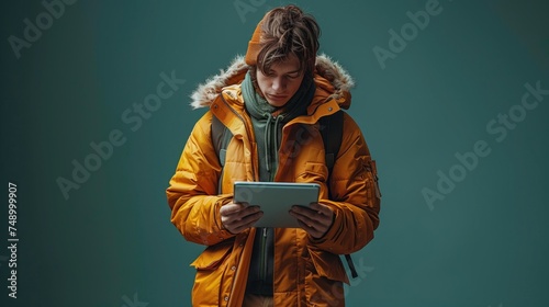 Person in bright yelloworange jacket and beanie looking at tablet against dark teal background. photo