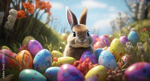 easter bunny in a field of colored eggs