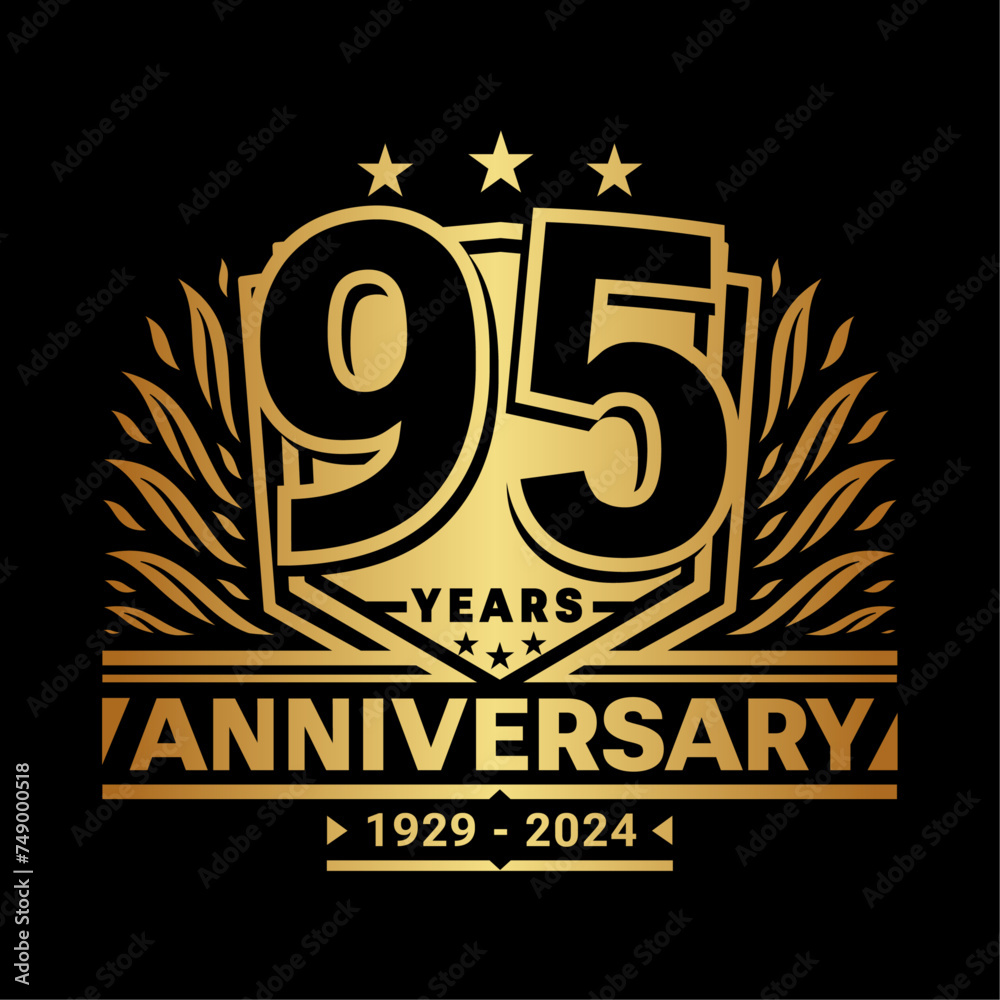 95 years anniversary celebration shield design template. 95th anniversary logo. Vector and illustration. 95 years anniversary celebration shield design template. 95th anniversary logo. Vector and illustration.