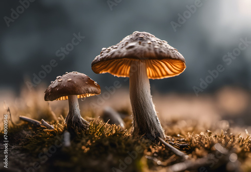 Two mushrooms on forest floor with illuminated gills, moody backdrop.