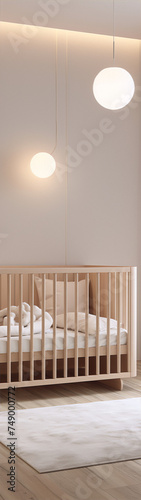 3d rendering of a modern minimalist nursery with a wooden crib and soft lighting.