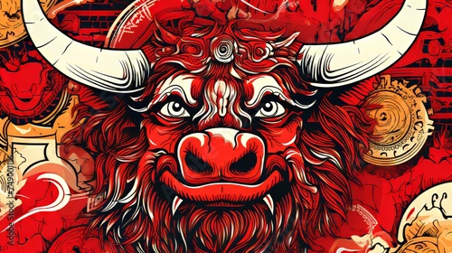 Funny Smiling Red Bull Art Style Background Halving Bitcoin and Animal Concept Banner