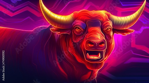 Colourful Red Bull Neon Art Style Background Halving Bitcoin and Animal Concept Banner Copy Space photo