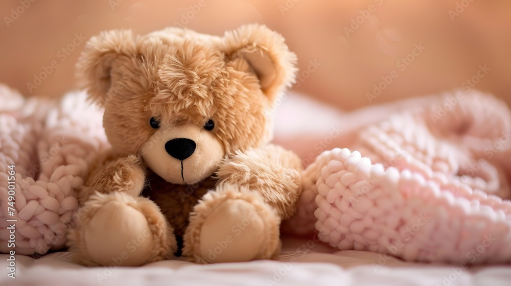 Teddy Bear Plush Toy with Chunky Knit Blanket on Soft Bed