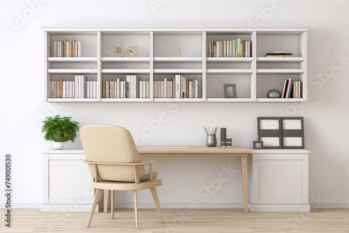 3d rendering of a home office with a large bookshelf, desk, and chair in a modern style with neutral colors.