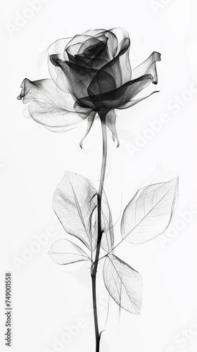Image of a beautiful rose in x-ray style, art frame, black & white, flower