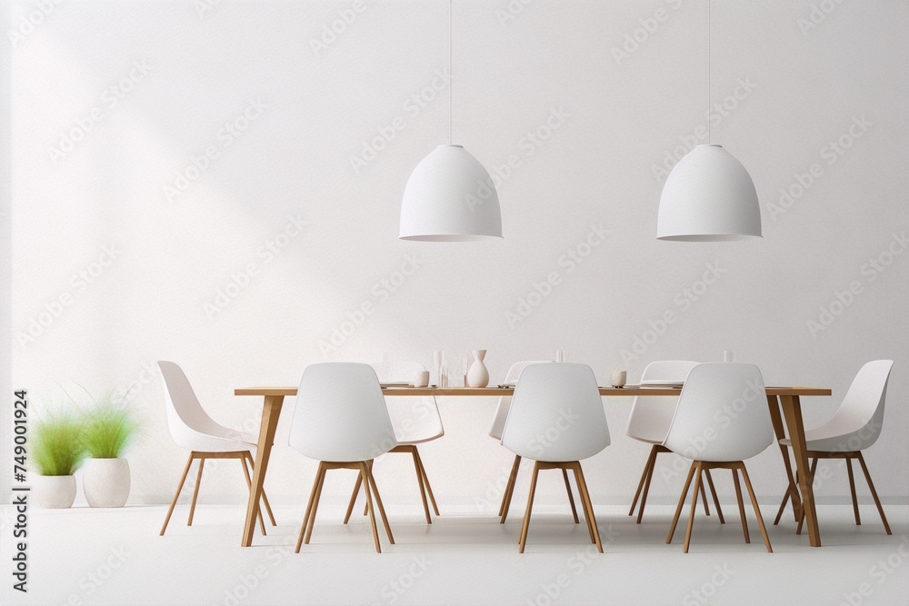 3D rendering of a modern dining room with a wooden table and white chairs in a minimalist style with white walls and pendant lights. - obrazy, fototapety, plakaty 