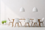 3D rendering of a modern dining room with a wooden table and white chairs in a minimalist style with white walls and pendant lights.
