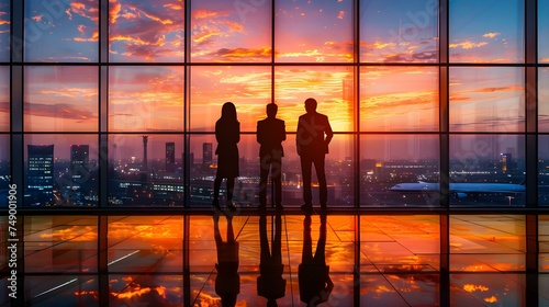 Business professionals in silhouette discussion at urban airport under sunset backdrop. Concept Silhouette, Business Professionals, Urban Airport, Sunset Backdrop, Discussion