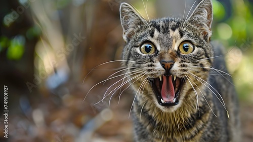 Expressive Tabby Cat with Wide Eyes and Open Mouth in Natural Setting