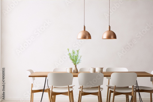 Copper pendant lights over a wood dining table with white chairs in a minimalist dining room.
