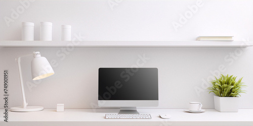 3D rendering of a minimal workspace with a computer, lamp, plant, and cup on a white desk and shelf against a white background in the art style of minimalism.