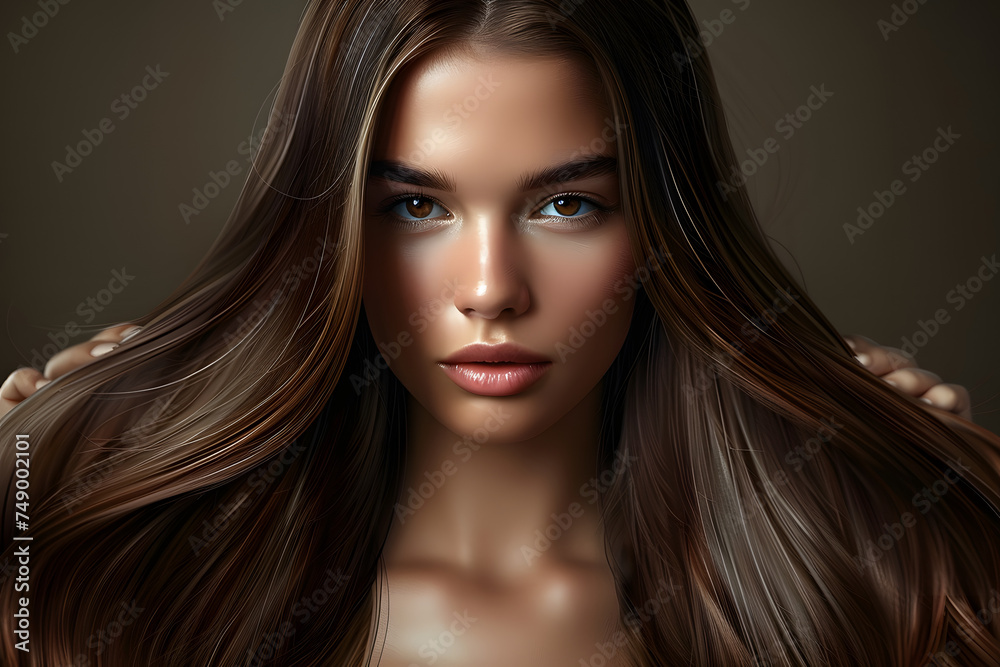 Fototapeta premium young woman with straight long brown shiny hair. Beauty and hair care.keratin. Generative AI