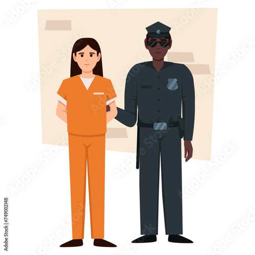 Prisoner in orange uniform. Cope and bandit. Vector flat illustration