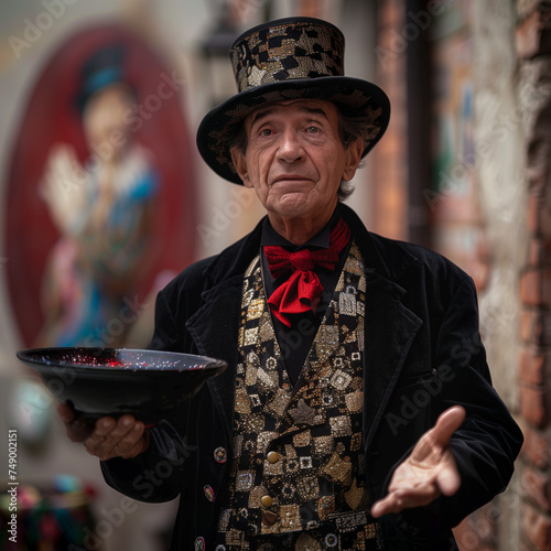 Street Magician Performing with Hat and Cards in Urban Setting
