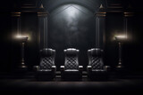 3D rendering of three black leather chairs in a dark room with golden accents