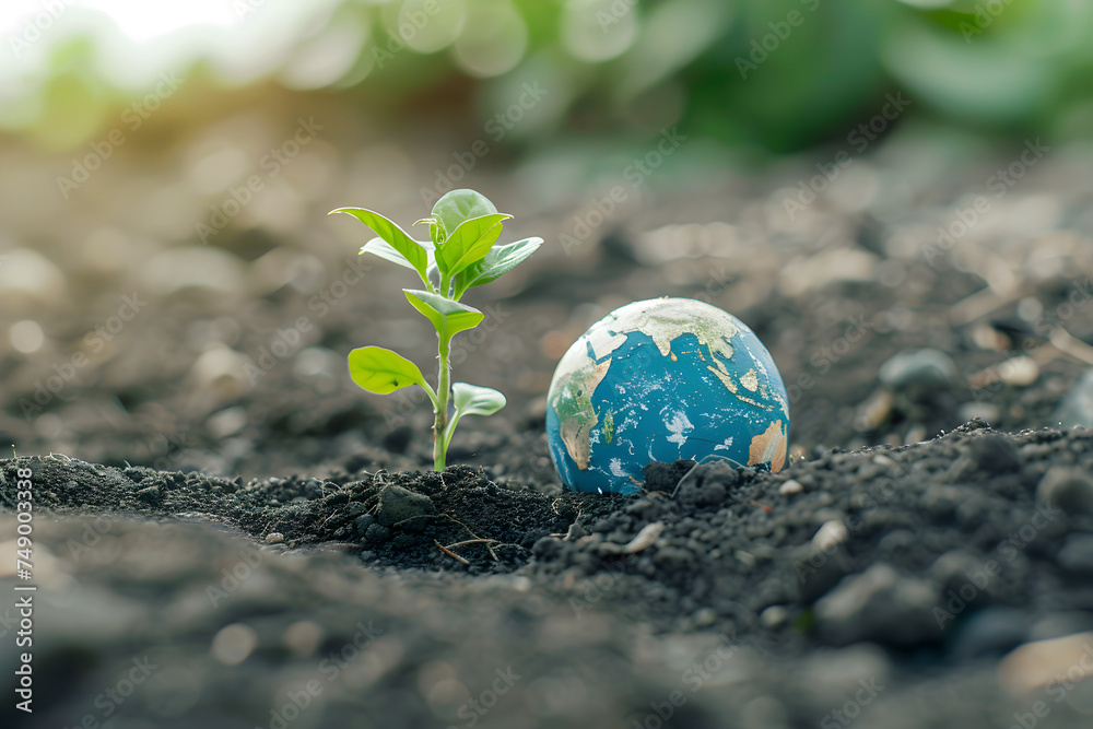 Earth globe on ground with sprouts on nature background. World environment, Mother Earth day. Environment and conservation concept. Environmental problems and protection. Caring for nature and ecology Earth globe on ground with sprouts on nature background. World environment, Mother Earth day. Environment and conservation concept. Environmental problems and protection. Caring for nature and ecology