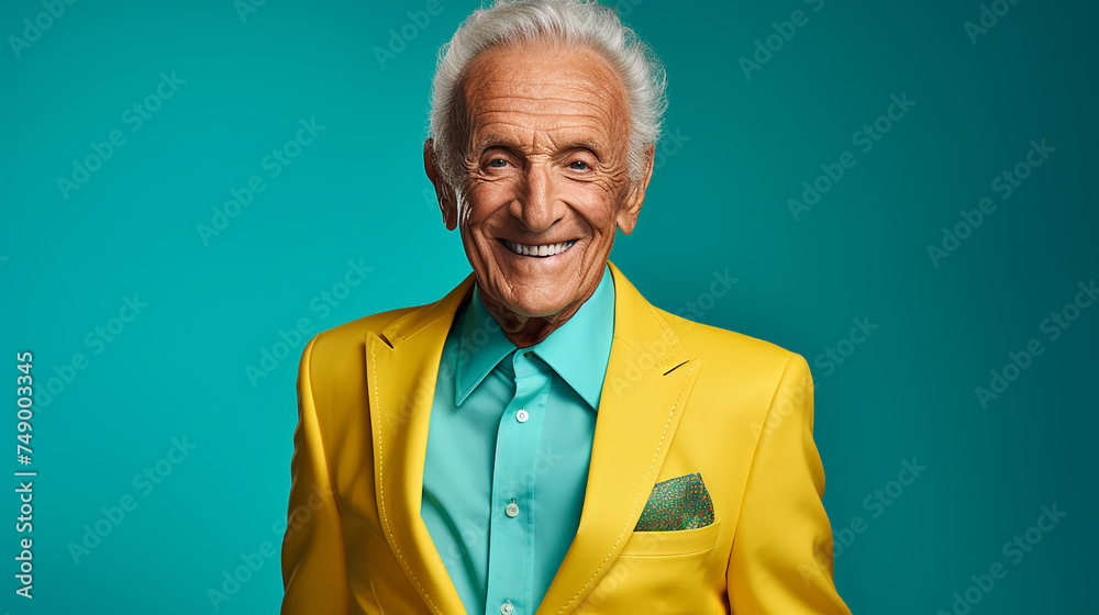 alter stylischer Mann lachend mit guter Laune und positiver Ausstrahlung vor farbigem Hintergrund in 16:9 alter stylischer Mann lachend mit guter Laune und positiver Ausstrahlung vor farbigem Hintergrund in 16:9