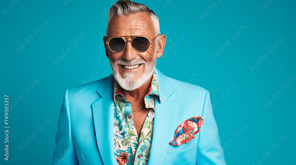 alter stylischer Mann lachend mit guter Laune und positiver Ausstrahlung vor farbigem Hintergrund in 16:9 - obrazy, fototapety, plakaty 