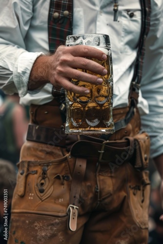 guy wearing lederhosen holding a mug of beer during Oktoberfest 