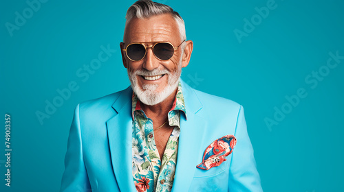 alter stylischer Mann lachend mit guter Laune und positiver Ausstrahlung vor farbigem Hintergrund in 16:9 photo