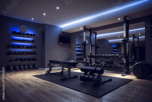 Blue and gray home gym with a rubber floor, weightlifting equipment, and a wall-mounted TV.