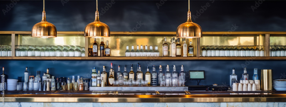 Bar interior with bottles and glasses on shelves and counter in dim lighting. - obrazy, fototapety, plakaty 