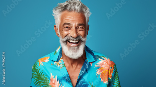 alter stylischer Mann lachend mit guter Laune und positiver Ausstrahlung vor farbigem Hintergrund in 16:9