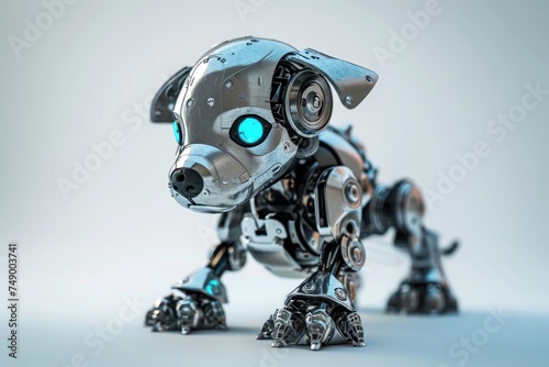 Playful robot puppy isolated on gray background with copy space © Mariia