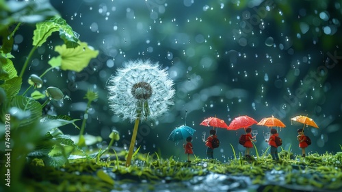 a dandelion people are holding umbrellas next to the dandelion as it rains