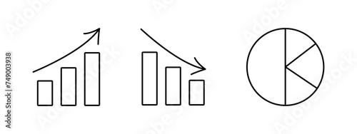 Pie, line charts. Graph, diagram. Statistics Outline icons. Growth rate. Data visualization. Rise and fall of finance, stocks. Graphical representation of data. Arrows. Contour Vector illustration. © Alena