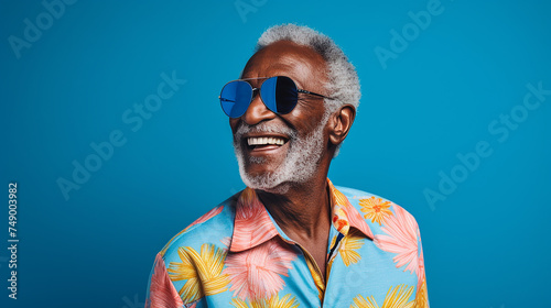 alter stylischer schwarzer Mann lachend mit guter Laune und positiver Ausstrahlung vor farbigem Hintergrund in 16:9