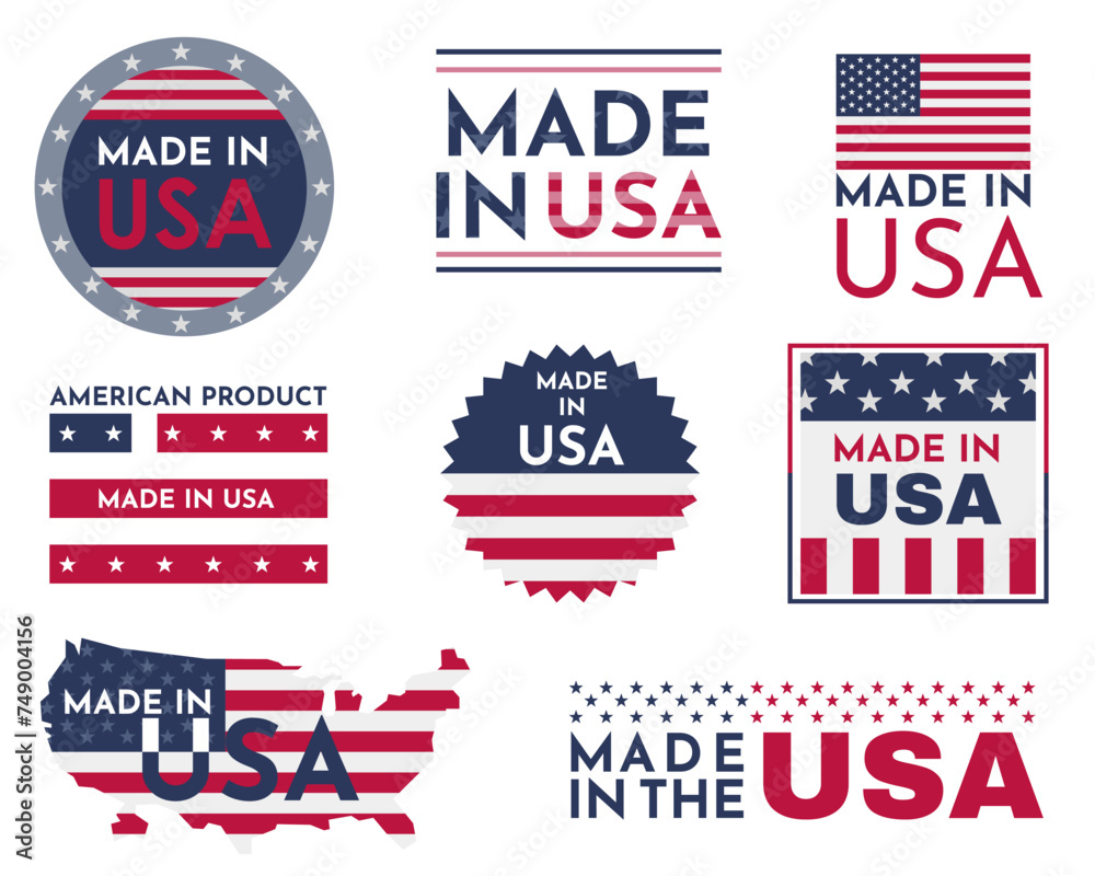 Made in USA badges. Patriot proud label stamp, American flag. Made in the usa labels set, american product emblem