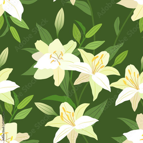 White lily flowers with leaves on a green background. Seamless vector pattern with nice flower. 