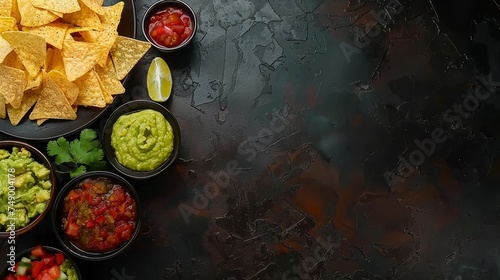 Cinco de Mayo Snack. Mexican nachos chips with assorted sauces – guacamole, tomato salsa, chili, lime and sour cream on stone table. Top view, copy space. Generative ai