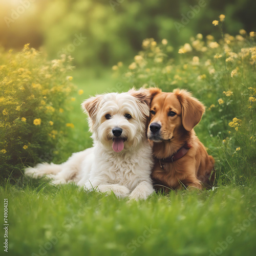 A dog and a cat are laying together in the grass.