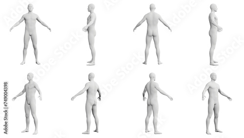 Athletic Young Man Standing with Arms Out, multiple views (side, front, back), 360 degrees rotation.